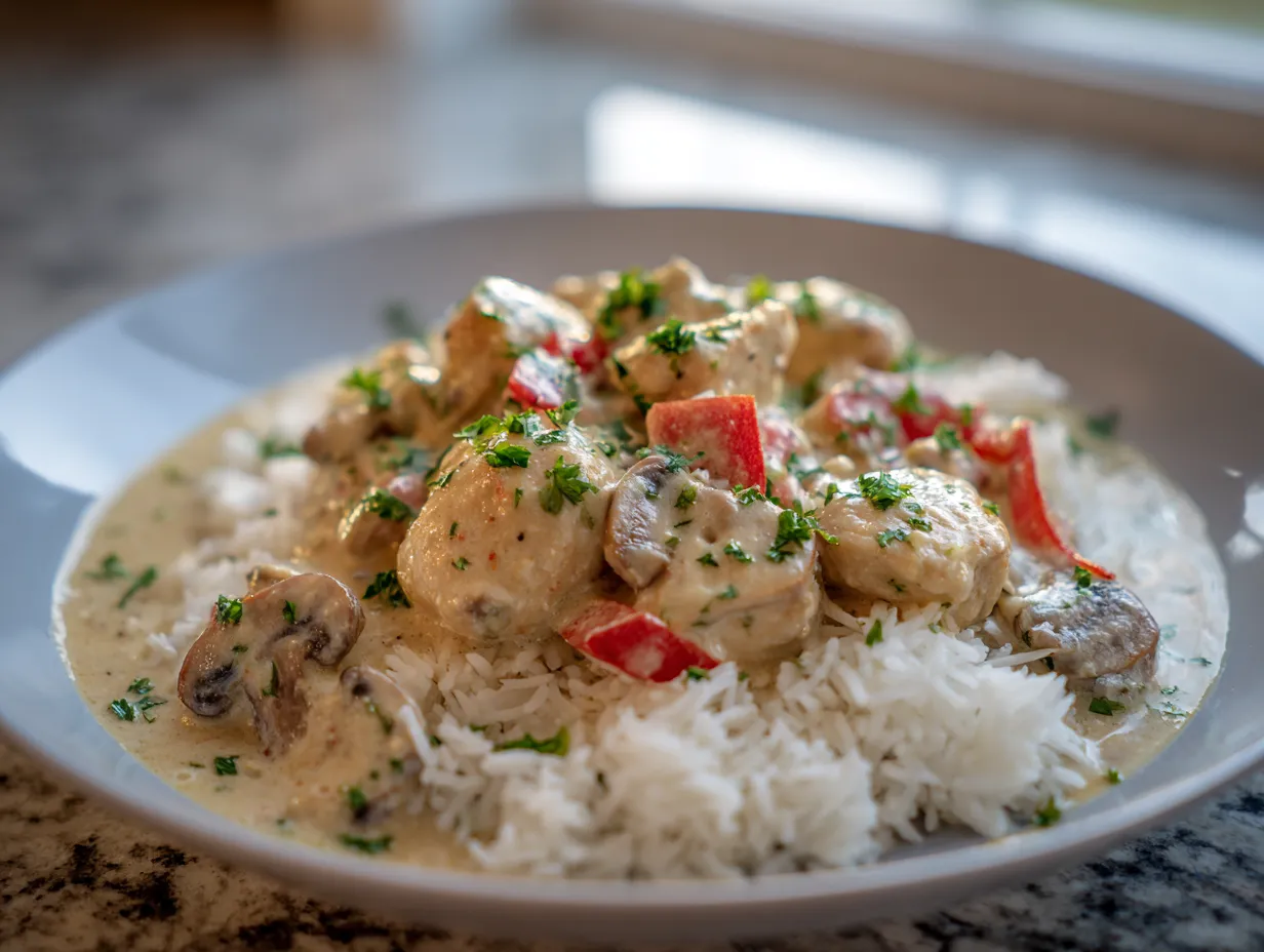 Chicken a la king recept med krämig sås, kyckling, svamp och paprika serverad med ris.