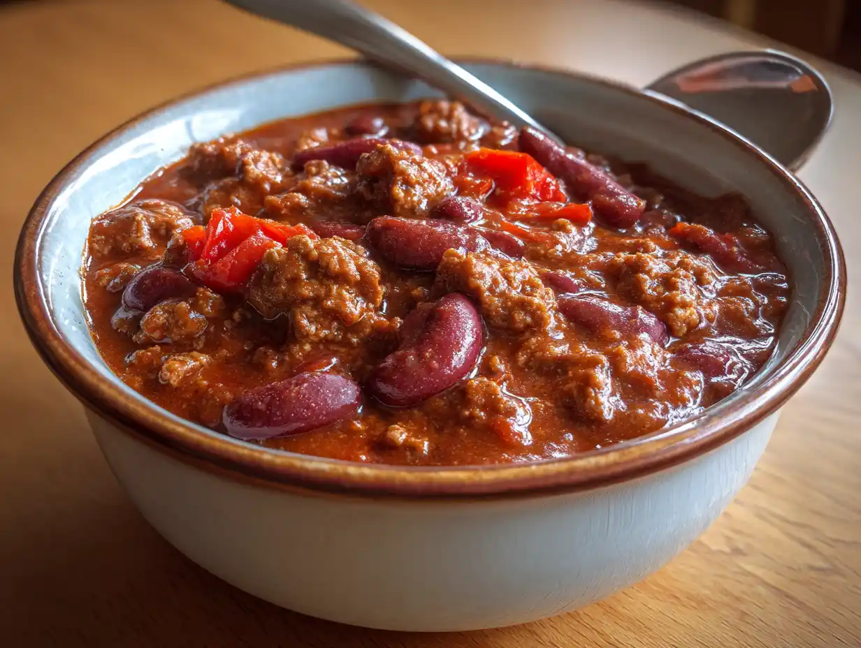 chili con carne crockpot i skål med köttfärs, kidneybönor, tomatsås och en tjock, mustig yta.
