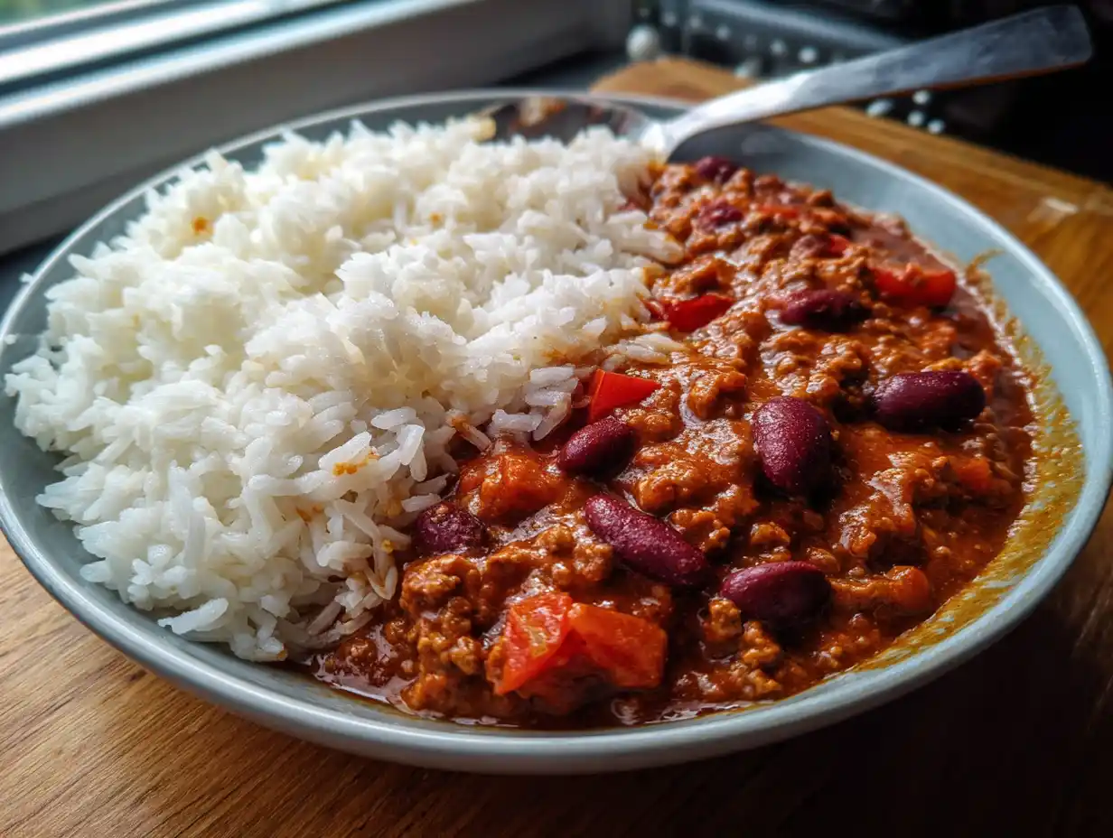 chili con carne med ris i djup tallrik med köttfärs, kidneybönor, paprika och tomatsås.