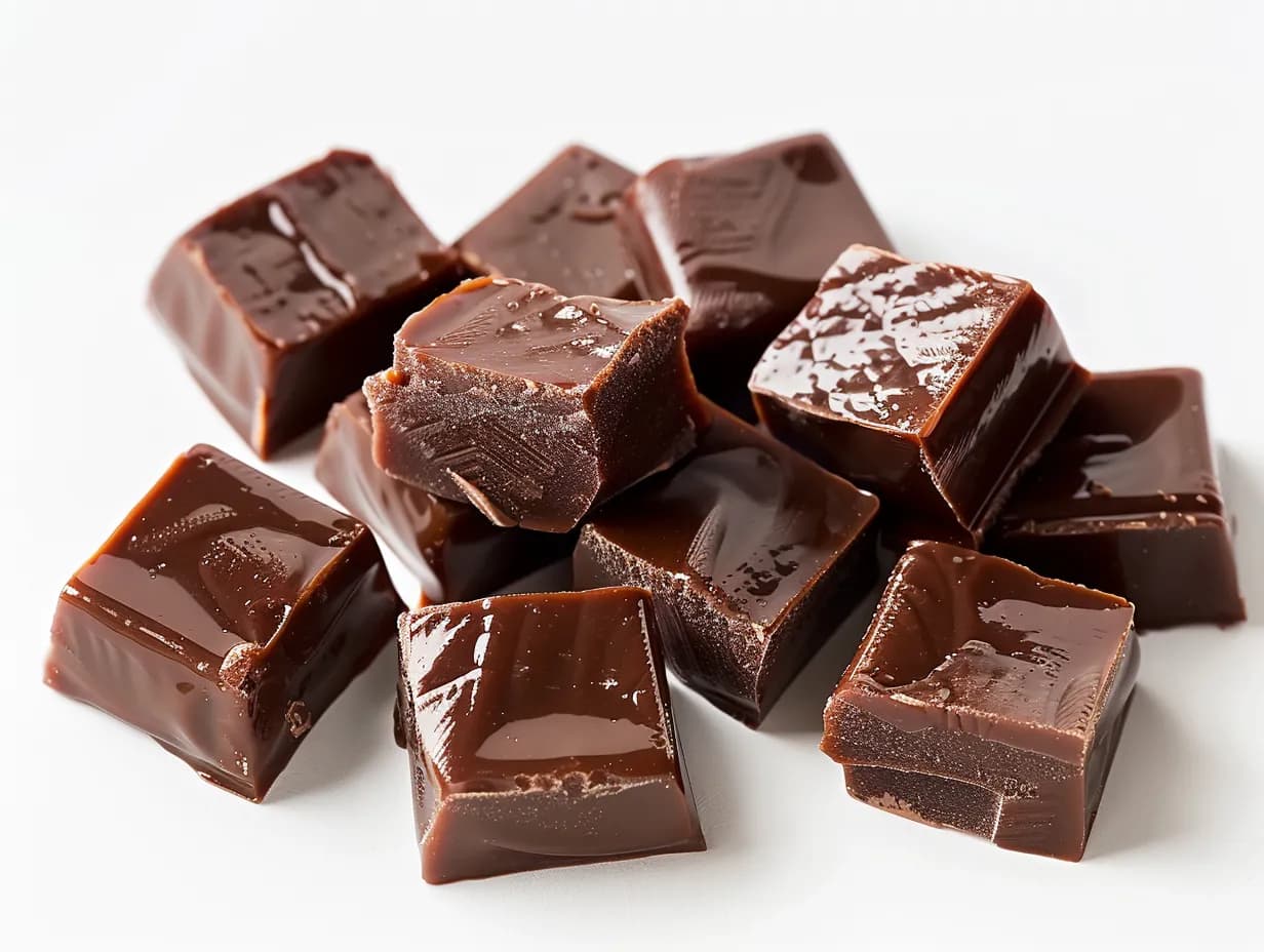 En närbild på nyskuren, glansig chokladkola som ligger staplad på ett rustikt bakplåtspapper med en touch av flingsalt.