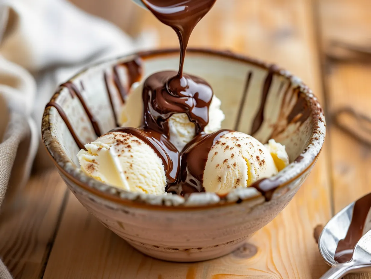 Rinnande hemmagjord chokladsås som hälls över vaniljglass i en skål.