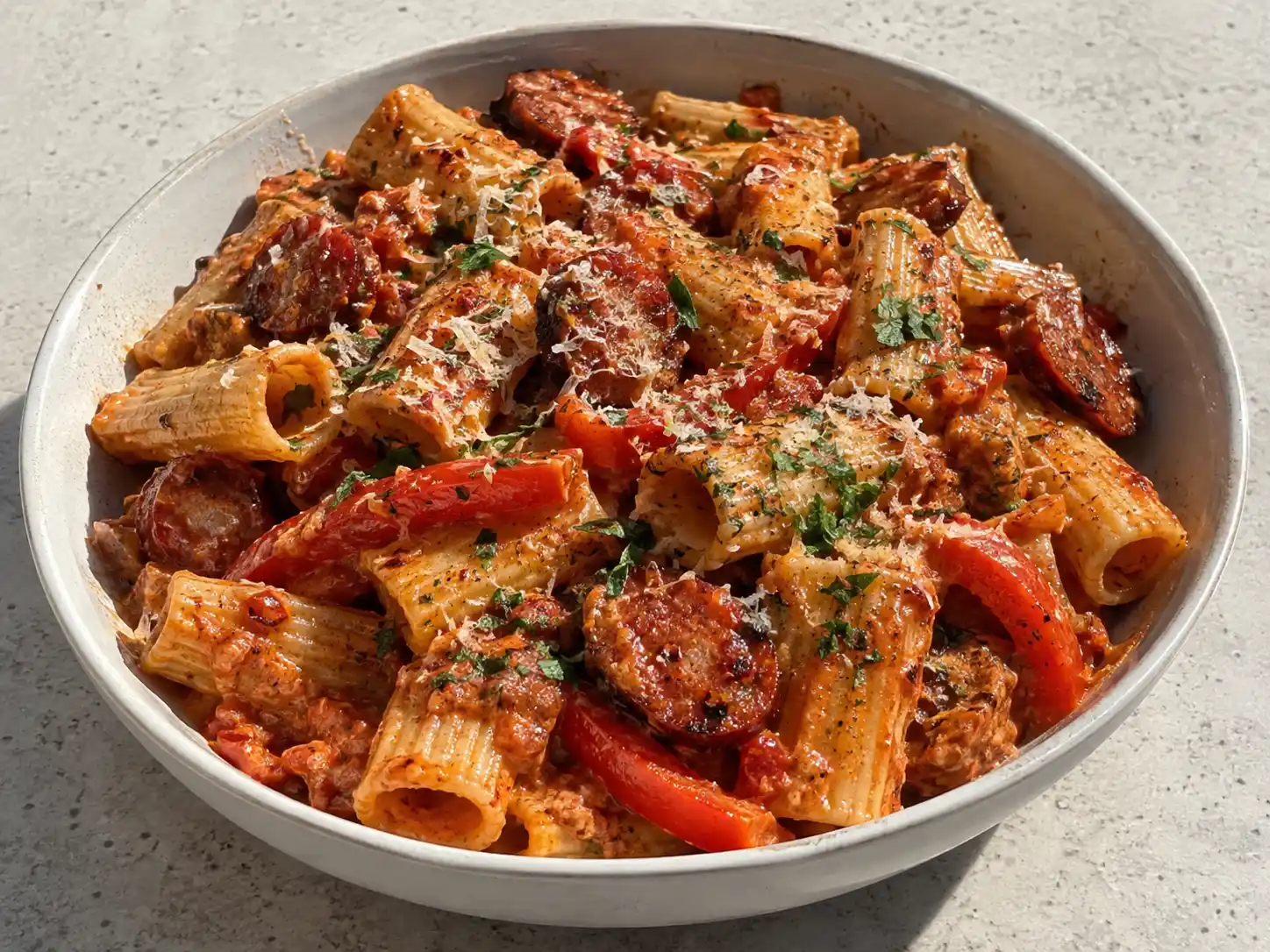 chorizo pasta i djup tallrik med krämig tomatsås, stekt chorizo, röd paprika, parmesan och persilja