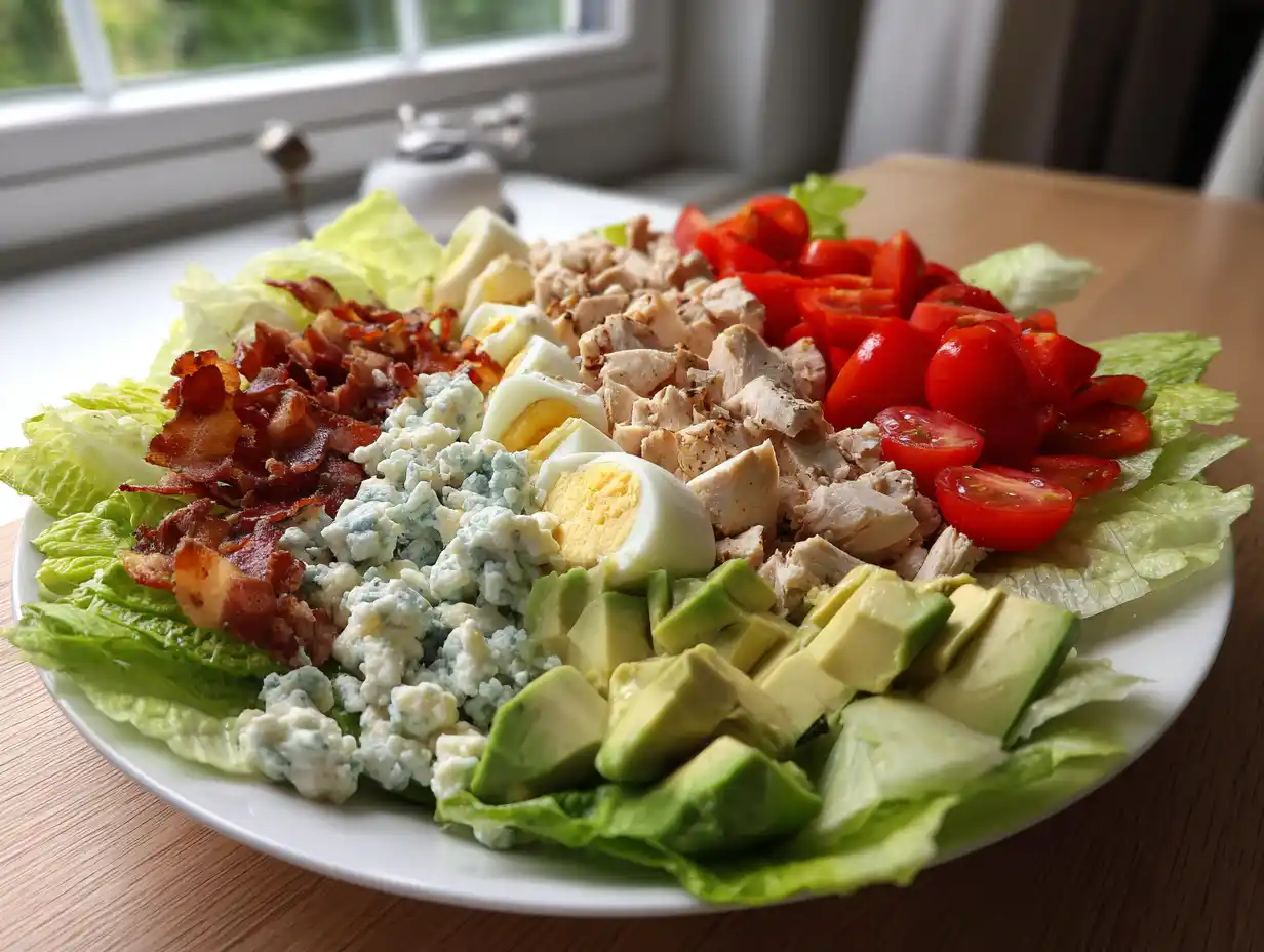 Cobb sallad i stor skål med rader av kyckling, bacon, ägg, avokado och blåmögelost, ranch bredvid