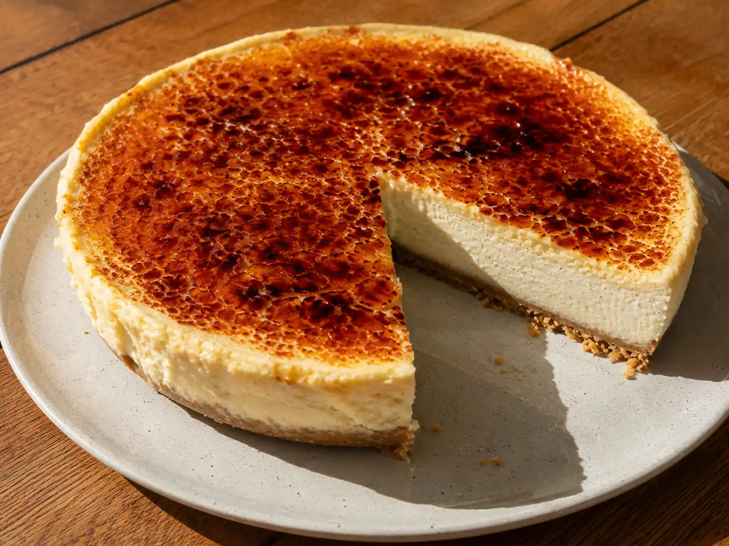 creme brulee cheesecake med knäckigt bränt socker, krämig vaniljfyllning och kexbotten på fat