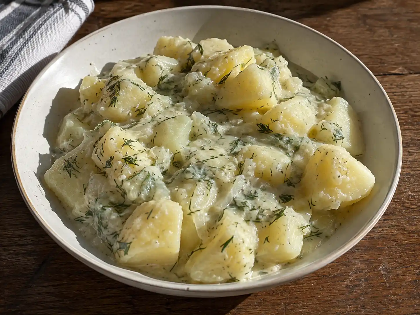 dillstuvad potatis i krämig ljus stuvning med tydliga potatisbitar och rikligt med färsk grön dill