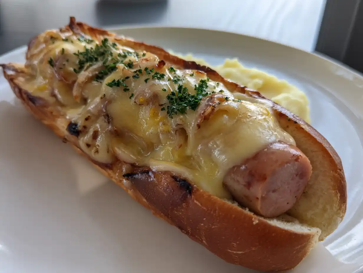 ebba busch falukorv i ugn med ost, lök och senap serverad varm på vit tallrik med gyllene yta.