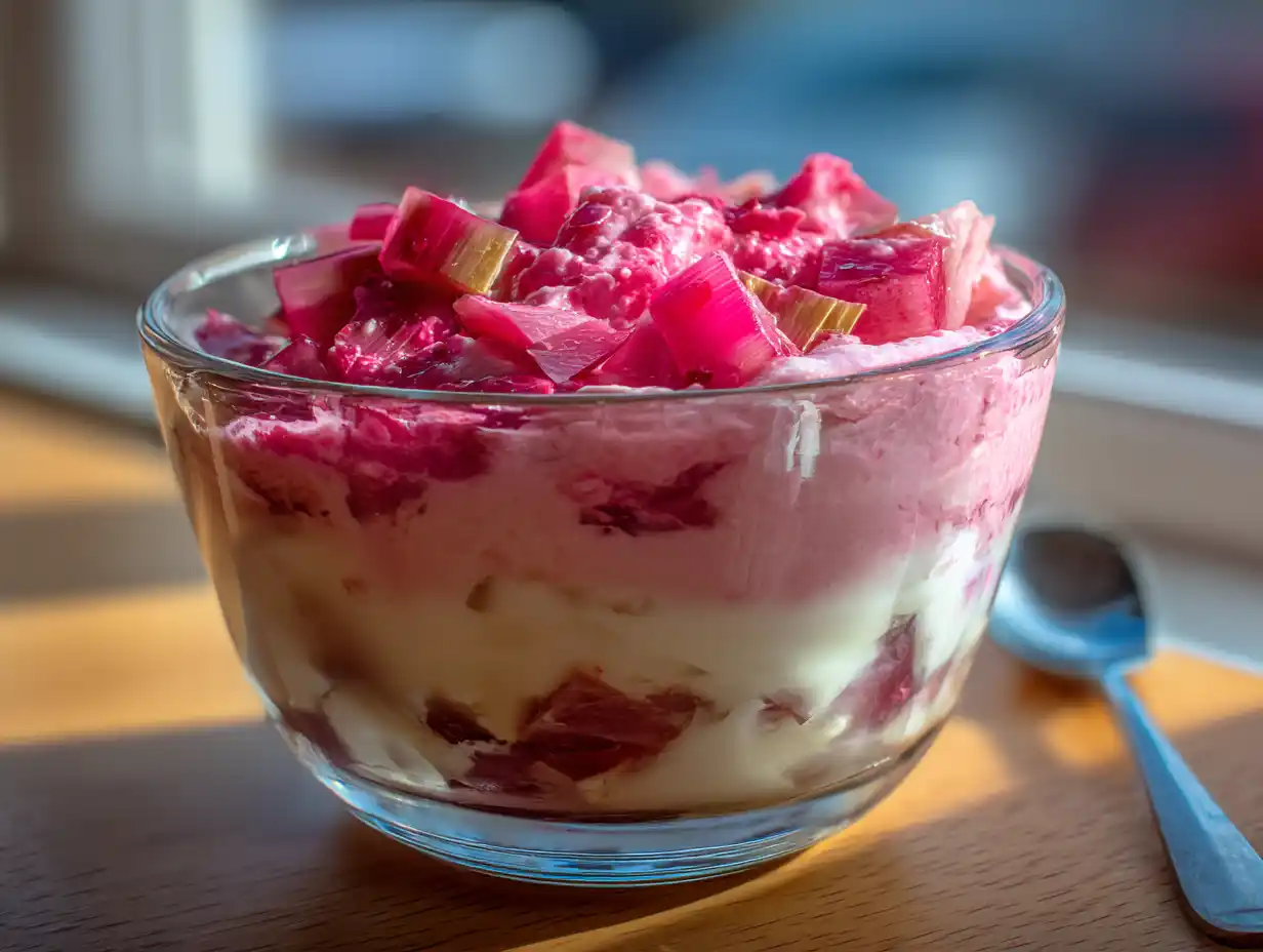 Efterrätt rabarber – rabarberkräm i glass med vispad grädde och myntablad, naturligt ljus