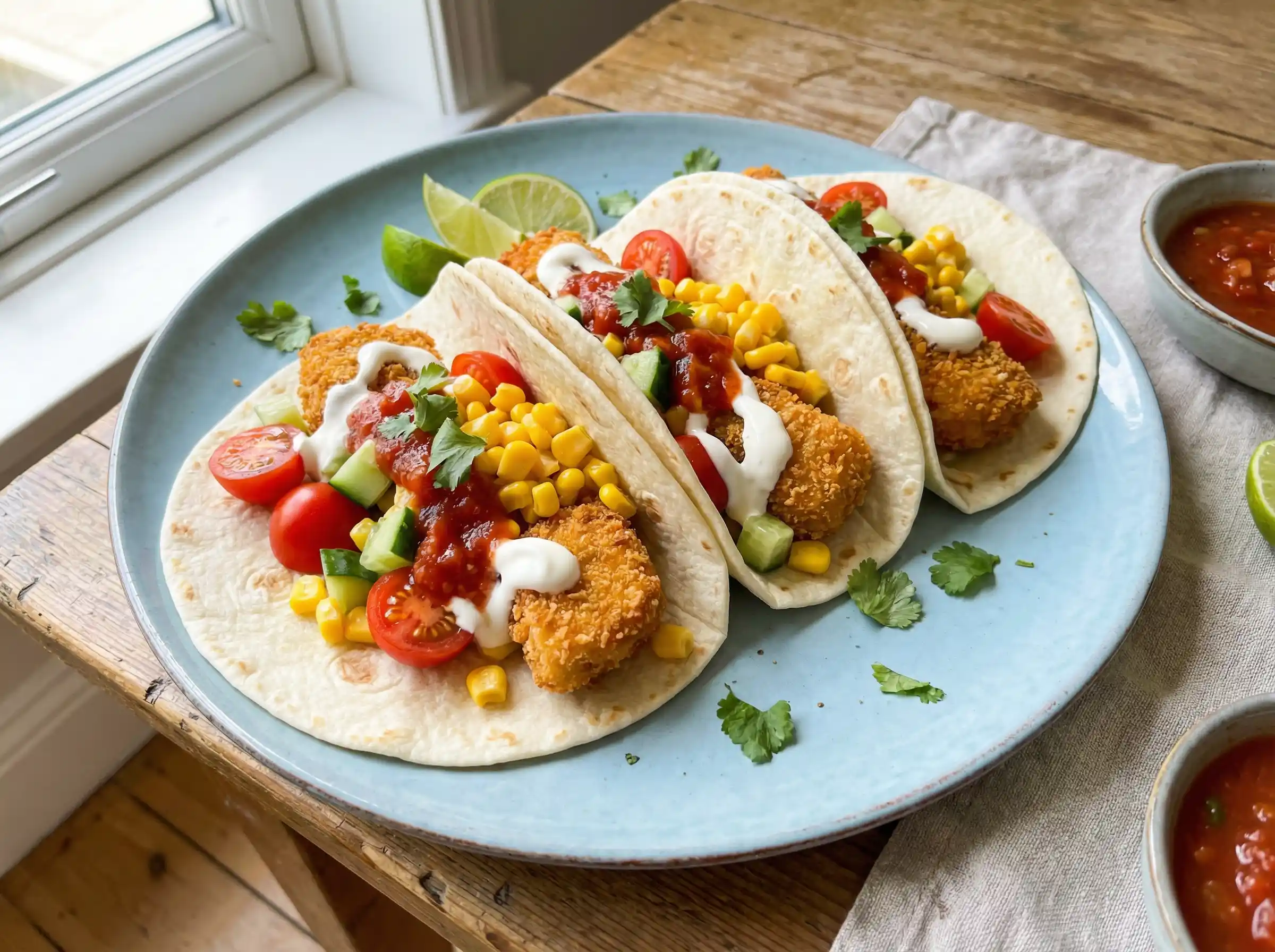 enkel middag serverad som tacos med kycklingnuggets, tomat, gurka, majs, salsa och gräddfil på ljus tallrik.