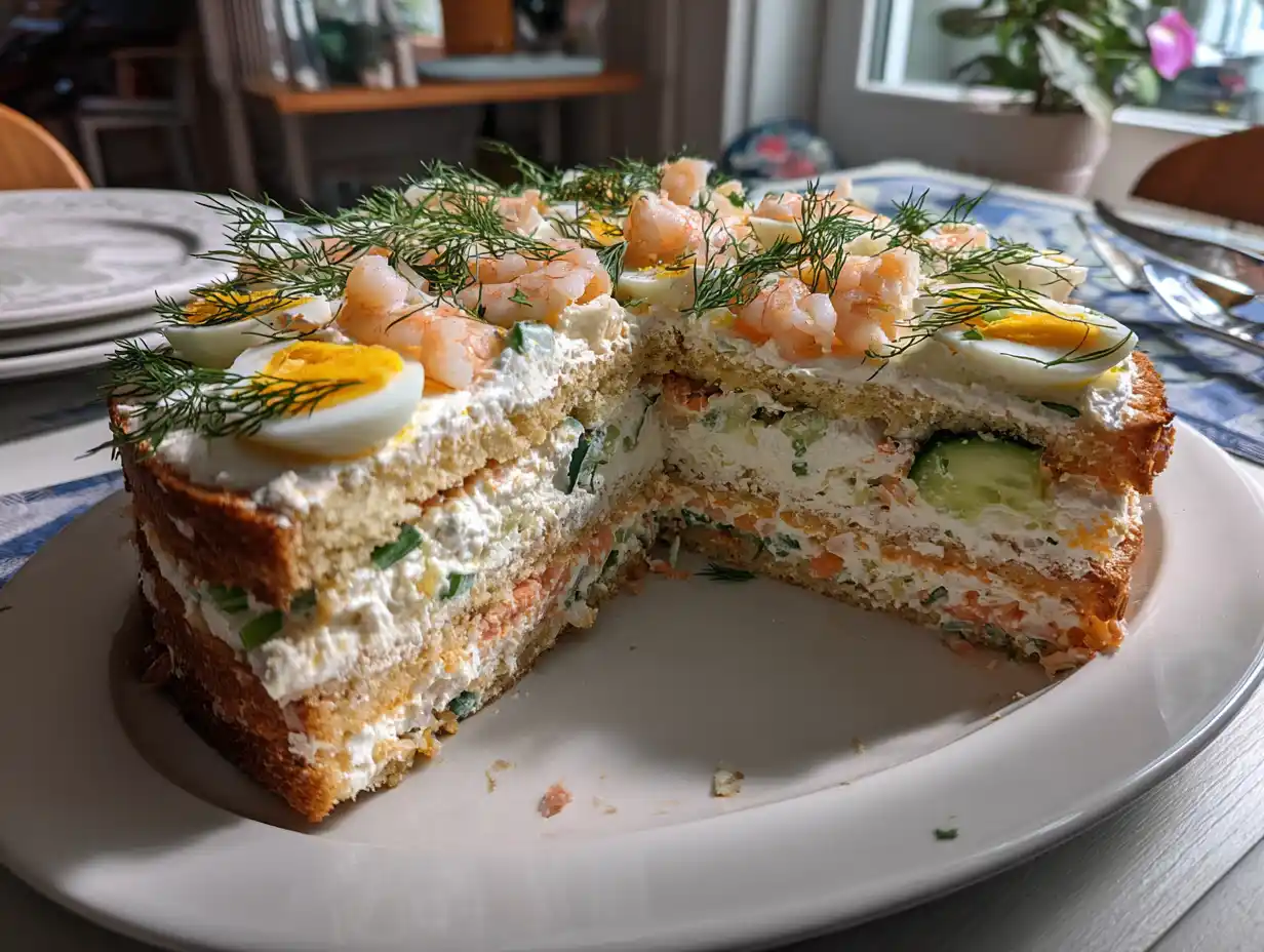 Enkel smörgåstårta på fat med lax, gurka, ägg och dill i ett vanligt hemmakök.