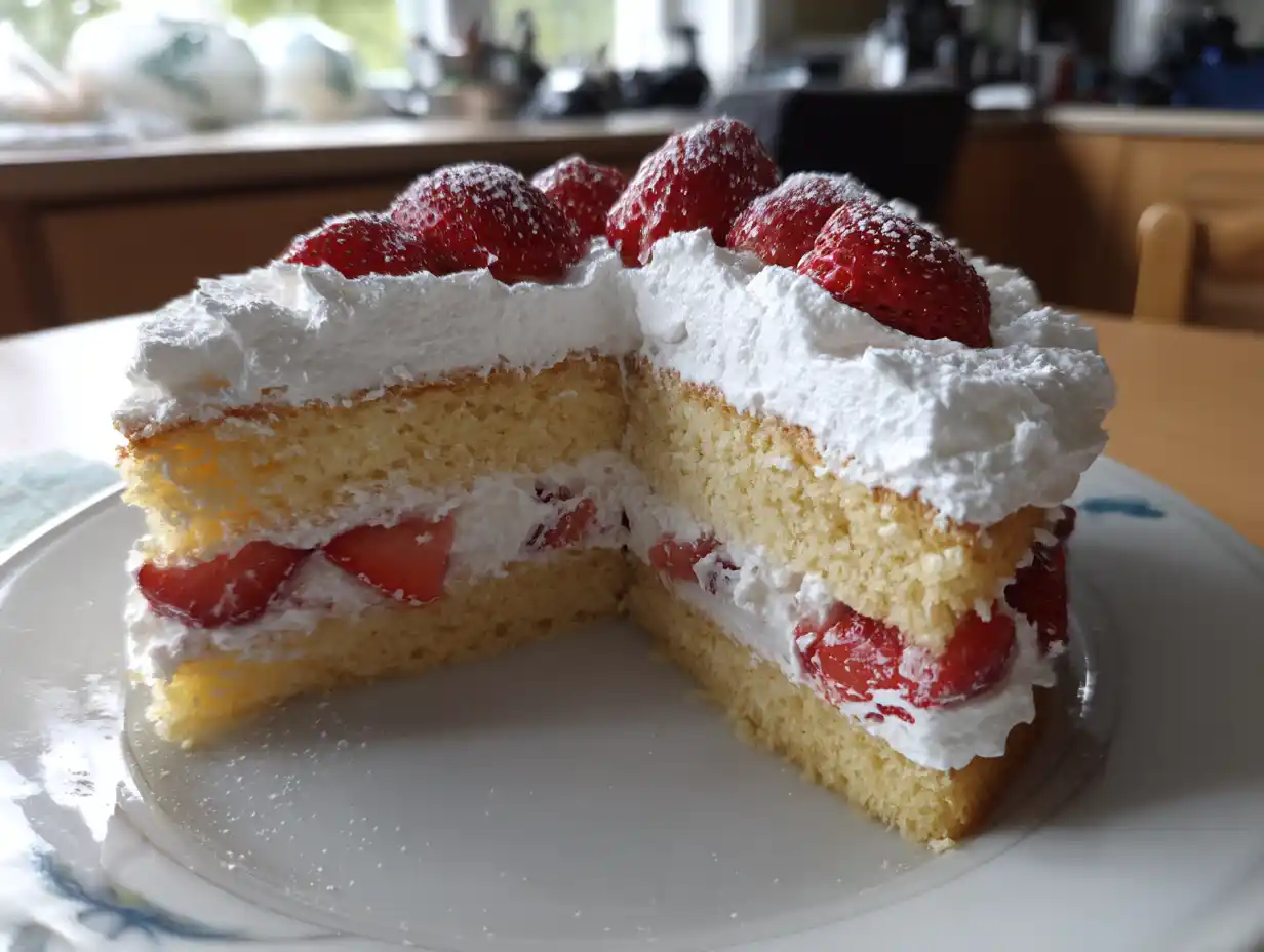 Enkel tårta med vit grädde och röda jordgubbar på toppen, hemlagad tårta på kakfat