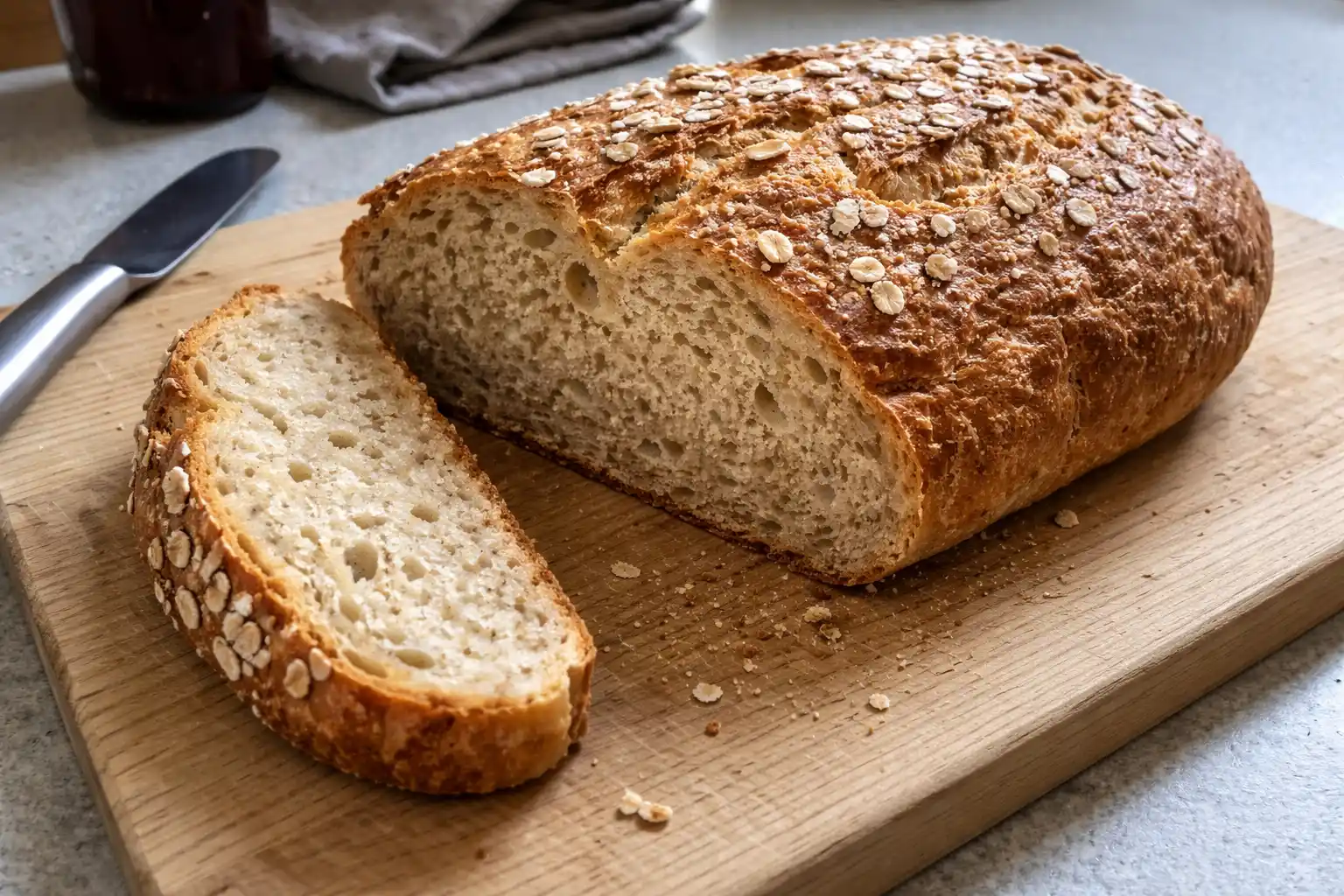 Enkelt bröd uppskuret på en skärbräda med knaprig skorpa och mjukt inkråm, bakat hemma i vanlig ugn.