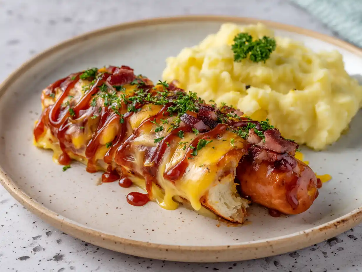 falukorv i airfryer serverad varm med brynt yta, smält ost, lök och ketchup på ljus tallrik.