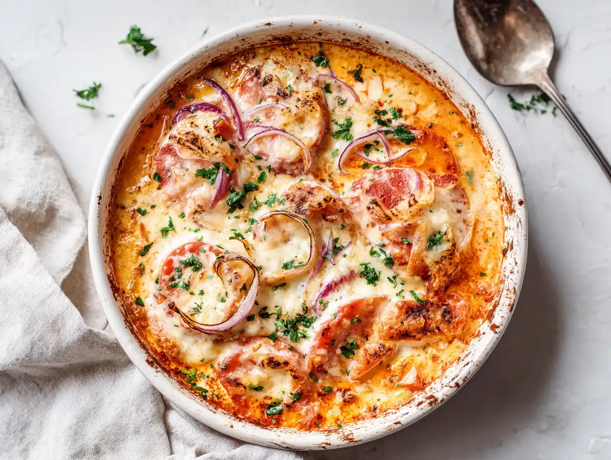 falukorv i ugn grädde chilisås serverad varm i ugnsform med krämig sås, ost och färsk persilja på toppen.