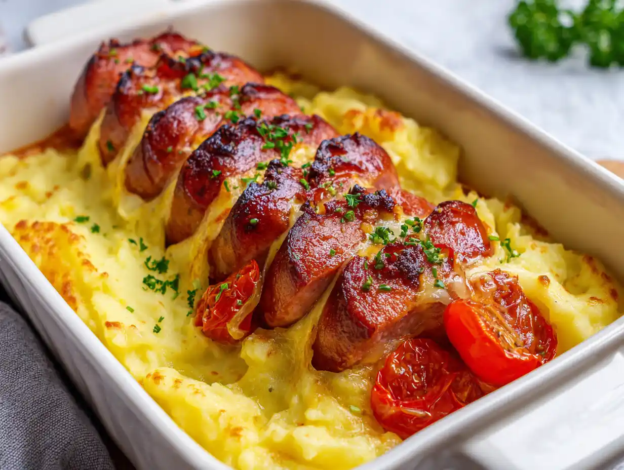 falukorv i ugn recept serverad varm i vit form med smält ost, mjuk lök och tomat på toppen.