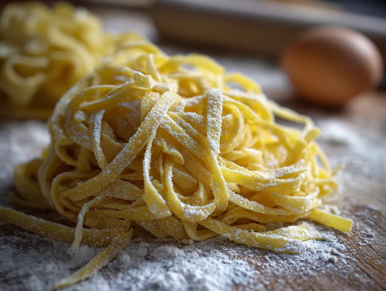 Ett klassiskt färsk pasta recept med hemgjorda tagliatelle utspridda på ett mjölat träbord.