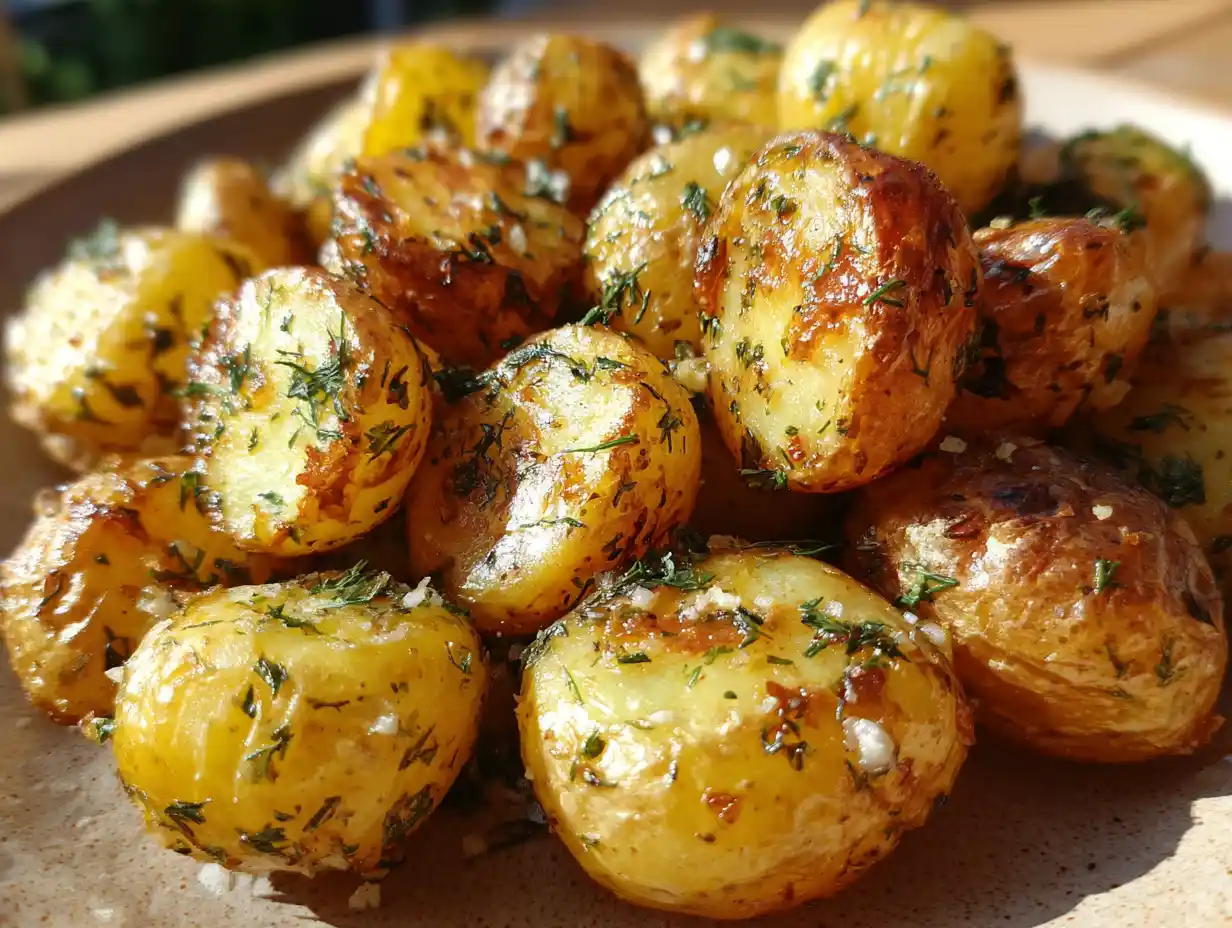färskpotatis i ugn med rostad yta, dill, vitlök och citron på en enkel tallrik hemma