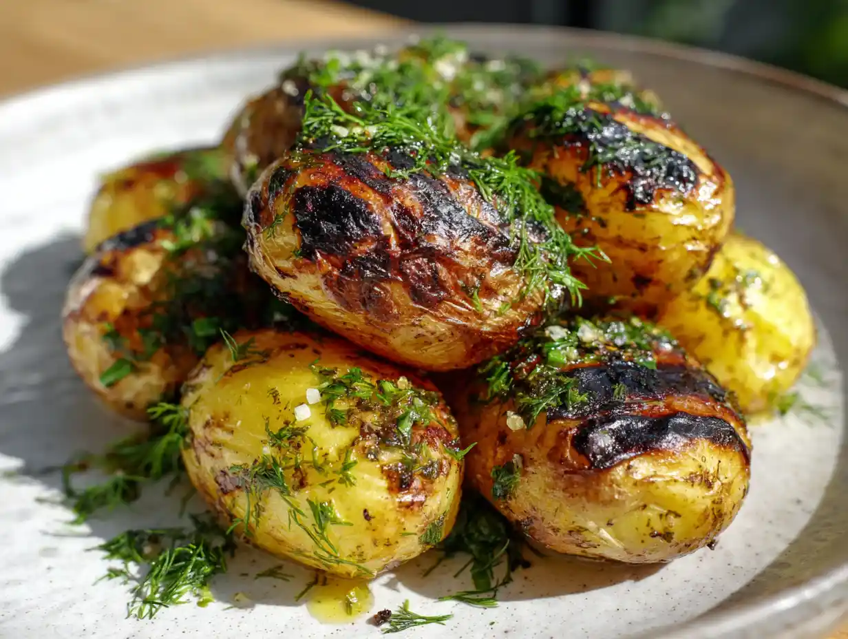 Färskpotatis på grillen med krispigt skal, flingsalt och färsk dill på ett vitt fat.