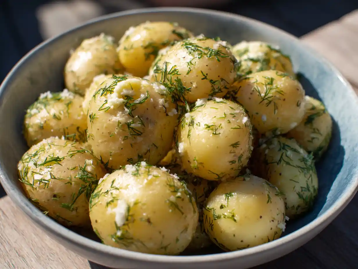 färskpotatis med dill och smält smör på enkelt fat, serverad som svensk sommarpotatis