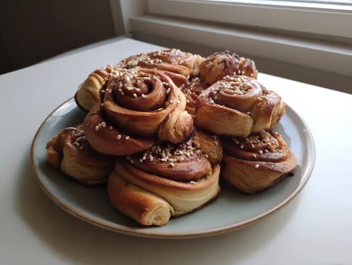 fika i form av nygräddade kanelbullar med pärlsocker på fat, gyllenbruna och saftiga