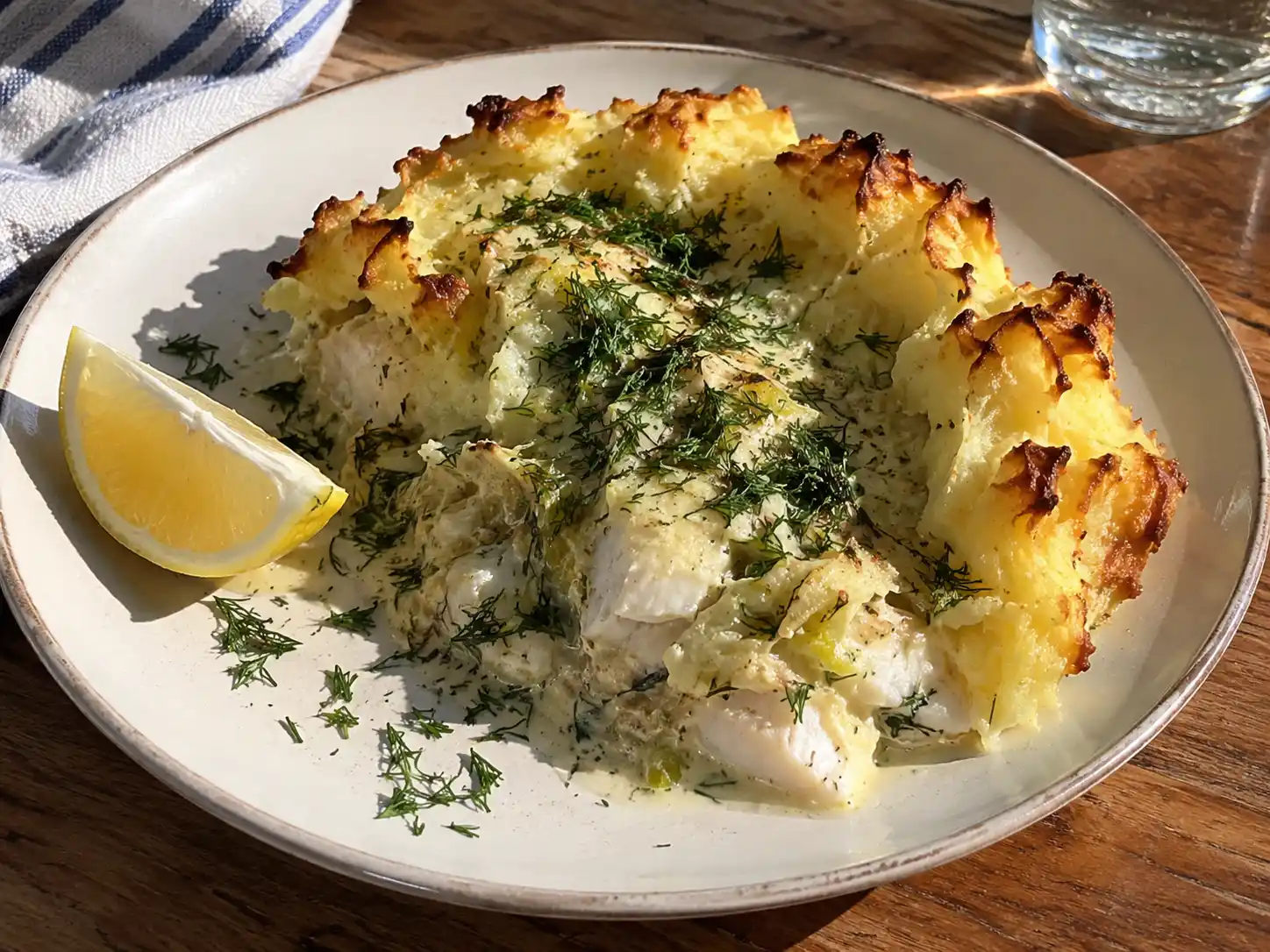 fiskgratäng med torsk, dill och krämig sås, omgiven av gyllene potatismos i en ugnsform