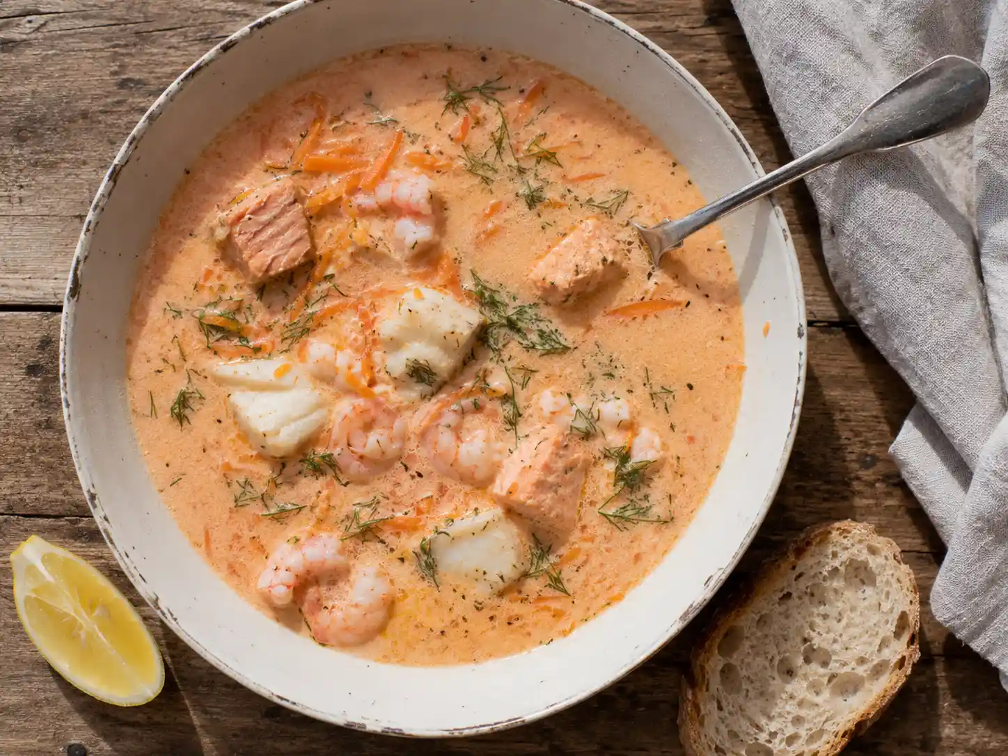 Fisksoppa med kräftost i djup tallrik med lax, torsk, räkor, riven morot och färsk dill