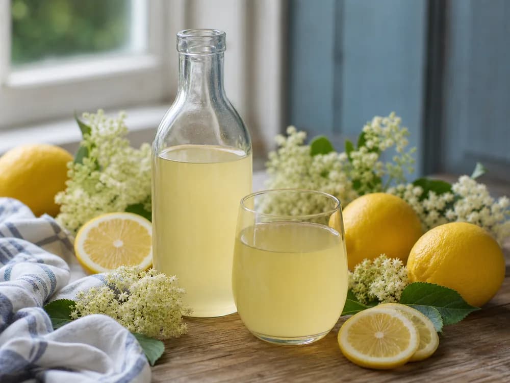Flädersaft utan citronsyra med citroner, fläderblommor och ljus saft i glasflaska