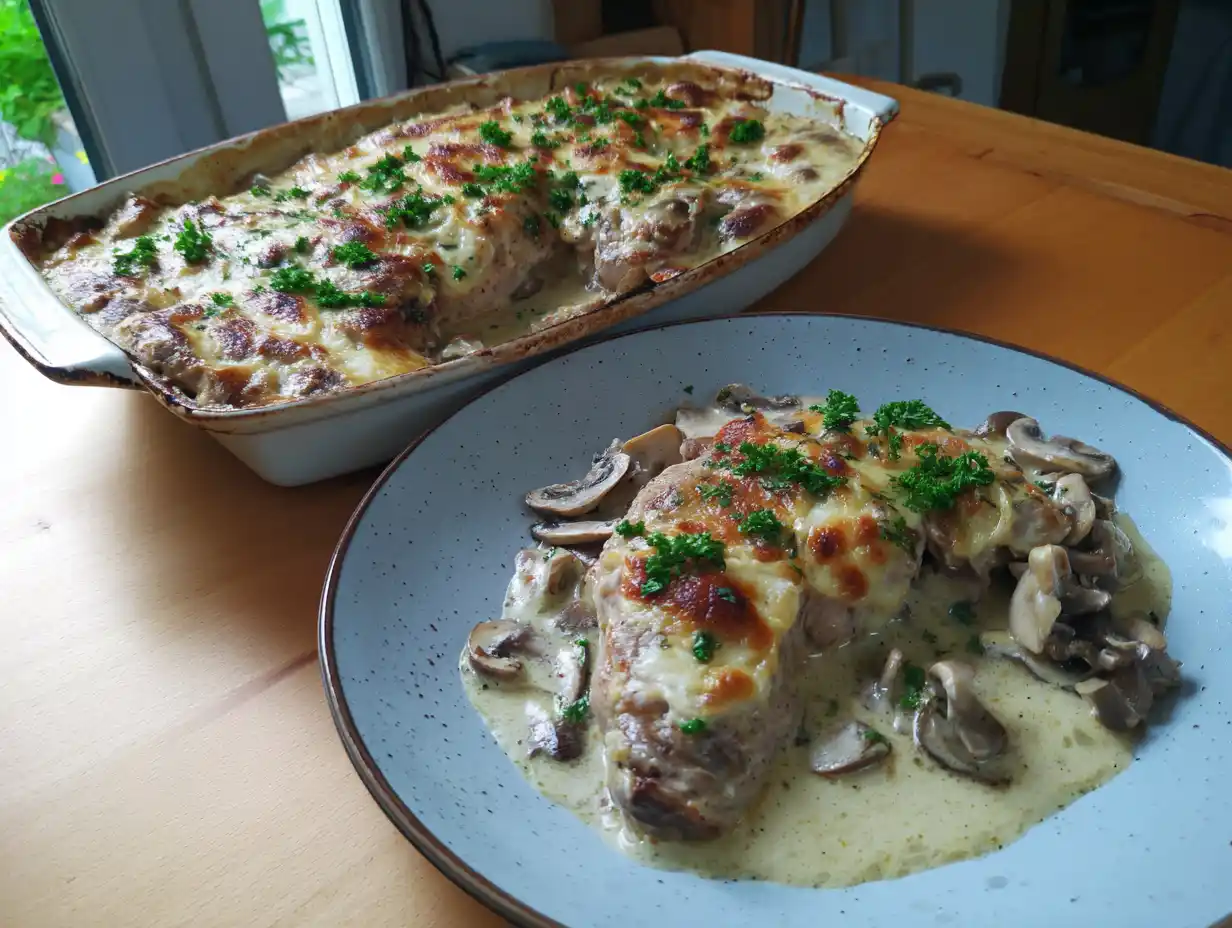 Fläskfile i ugn i ugnsform med krämig sås, champinjoner och gyllenbrun yta, serverad varm till middag.