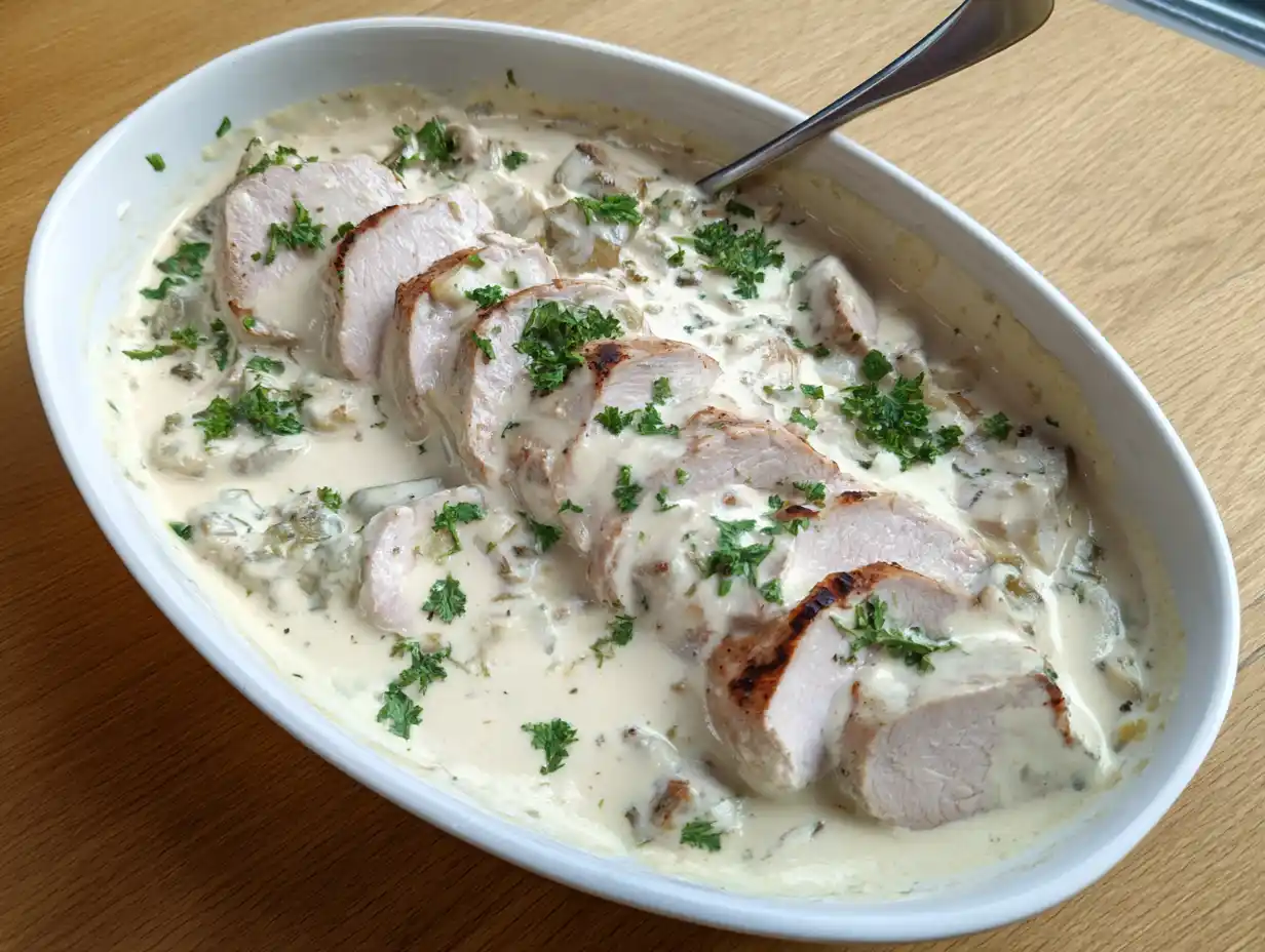 Fläskytterfile i ugn skuren i skivor med krämig sås, lök och örter på fat i enkelt hemmakök.