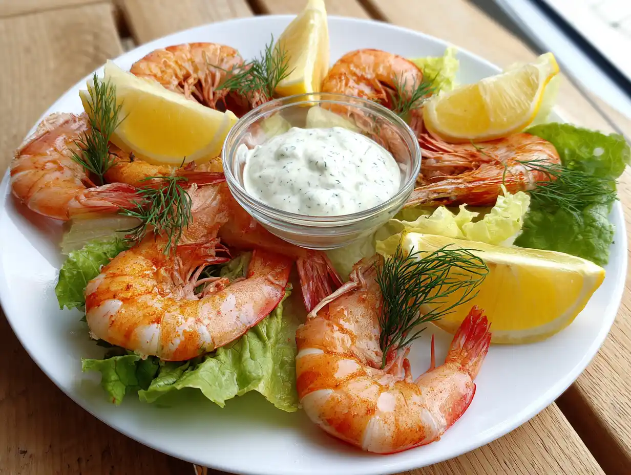 Förrätt räkor i glas med isbergssallad, räkor och pepparrotsgrädde, citronklyfta på kanten