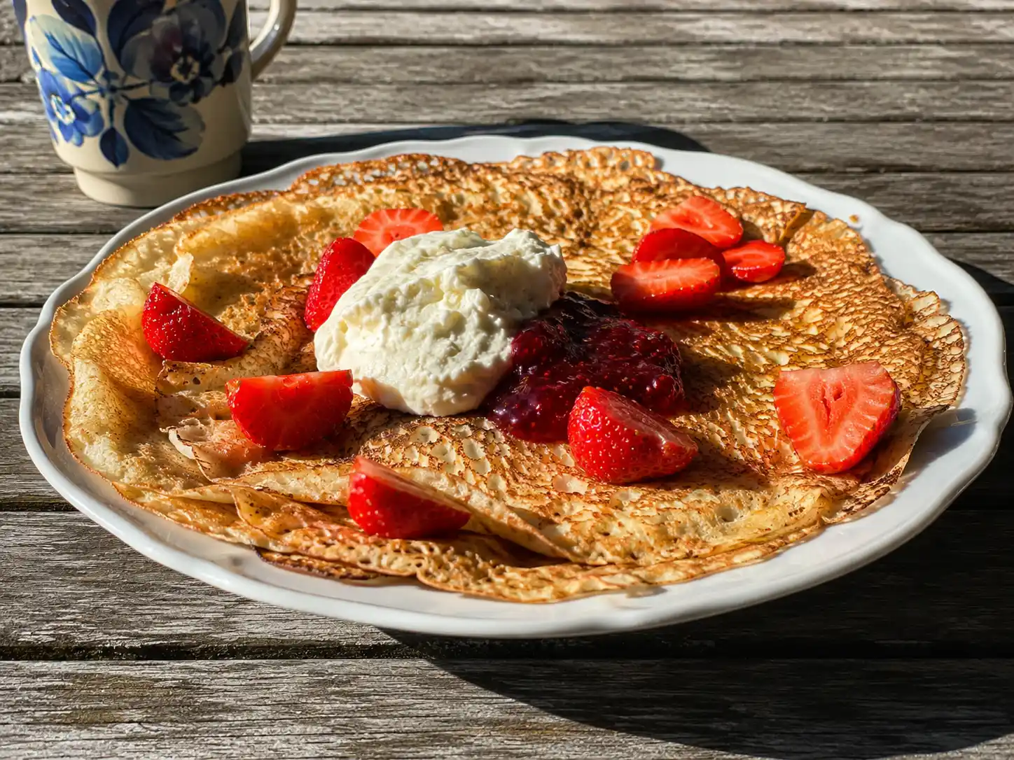 frasiga pannkakor med gyllene smörstekta kanter, jordgubbar och en klick lättvispad grädde