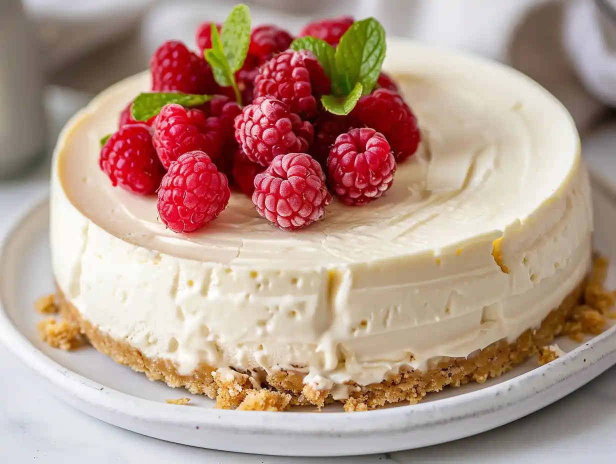 fryst cheesecake på fat med smulig kexbotten, ljus krämig fyllning och tunt lager bär i enkel hemmamiljö