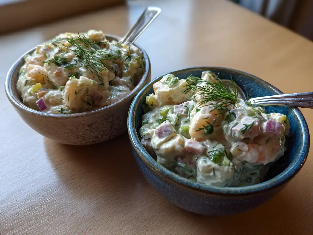 fyllning till smörgåstårta i skål, krämig röra med räkor, skinka, dill och gurka i enkel hemmamiljö.