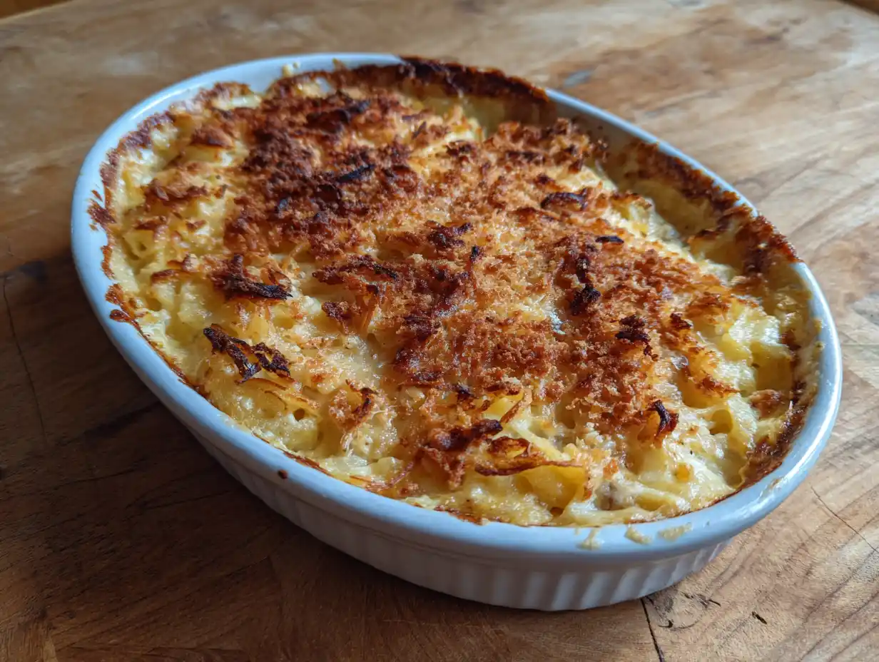 gammaldags janssons frestelse i ugnsform med gyllene yta, mjuk potatis och krämig fyllning på middagsbord.