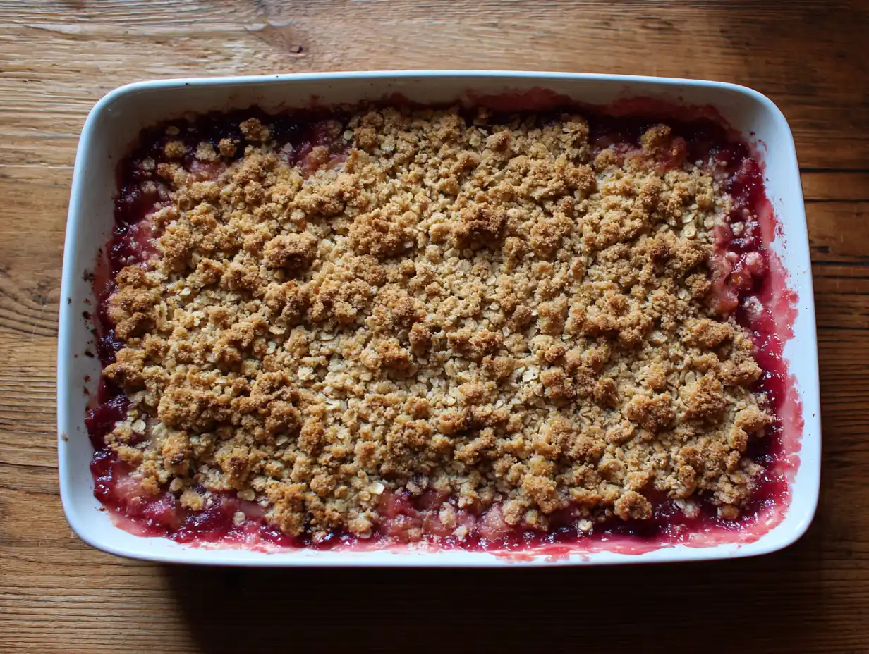 Gammaldags rabarberpaj med havregryn i form, krispigt gyllent havre-smultäcke, rosa rabarber under