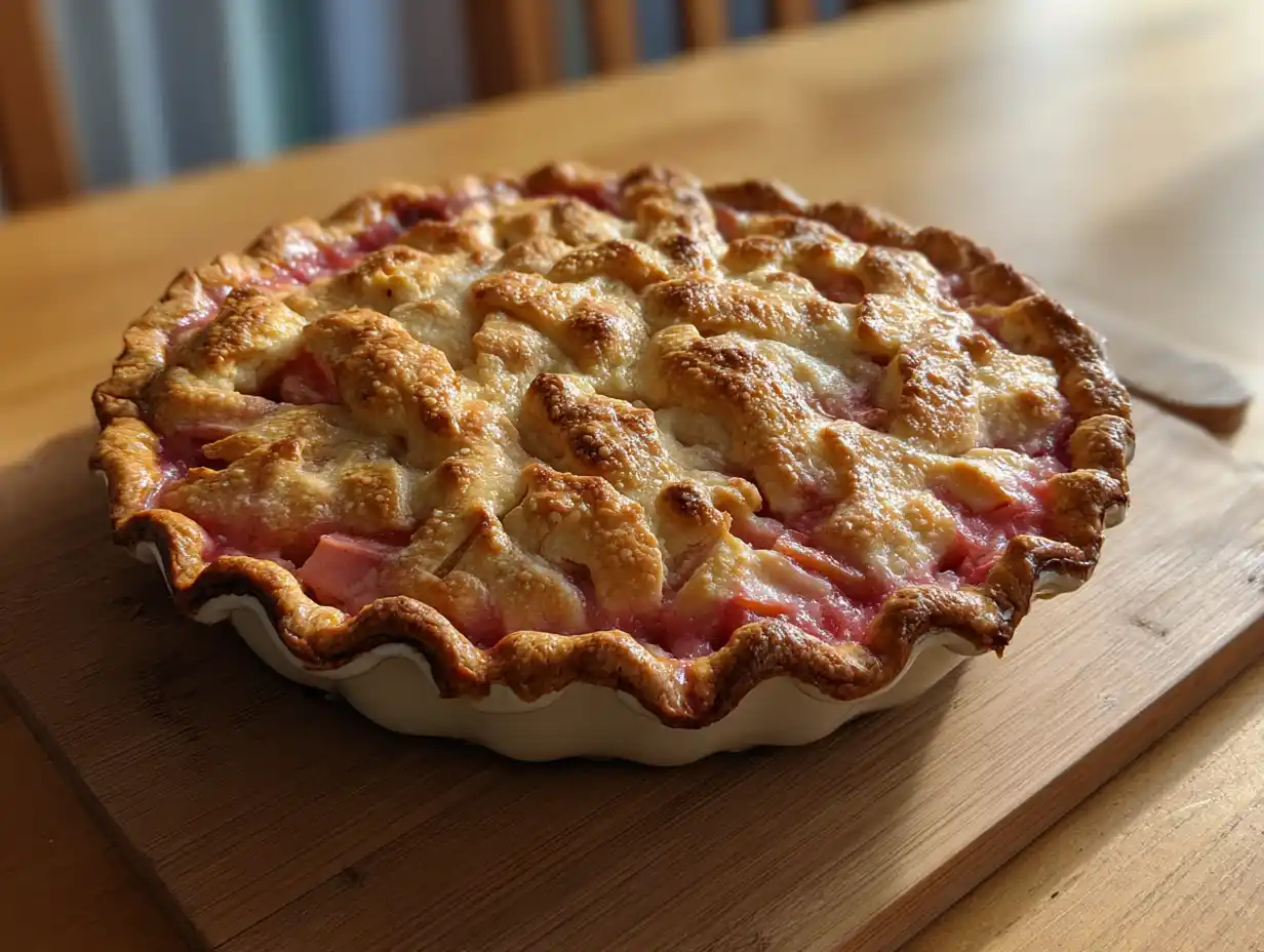 Gammaldags rabarberpaj i pajform med gyllenbrun smuldeg, rosa rabarber syns under, naturligt ljus