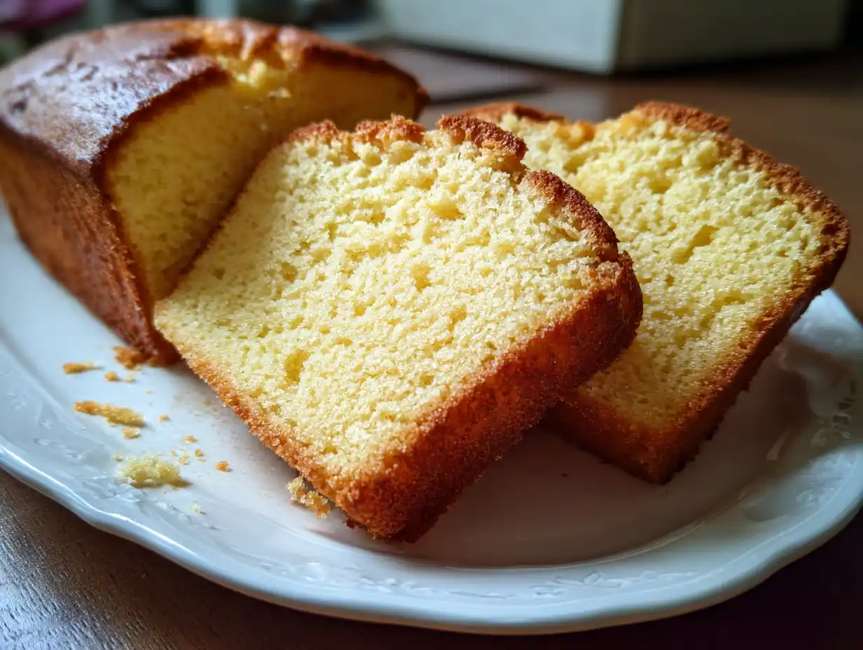 gammaldags sockerkaka på fat med gyllene yta, mjuk smula och skivor klara till fika.