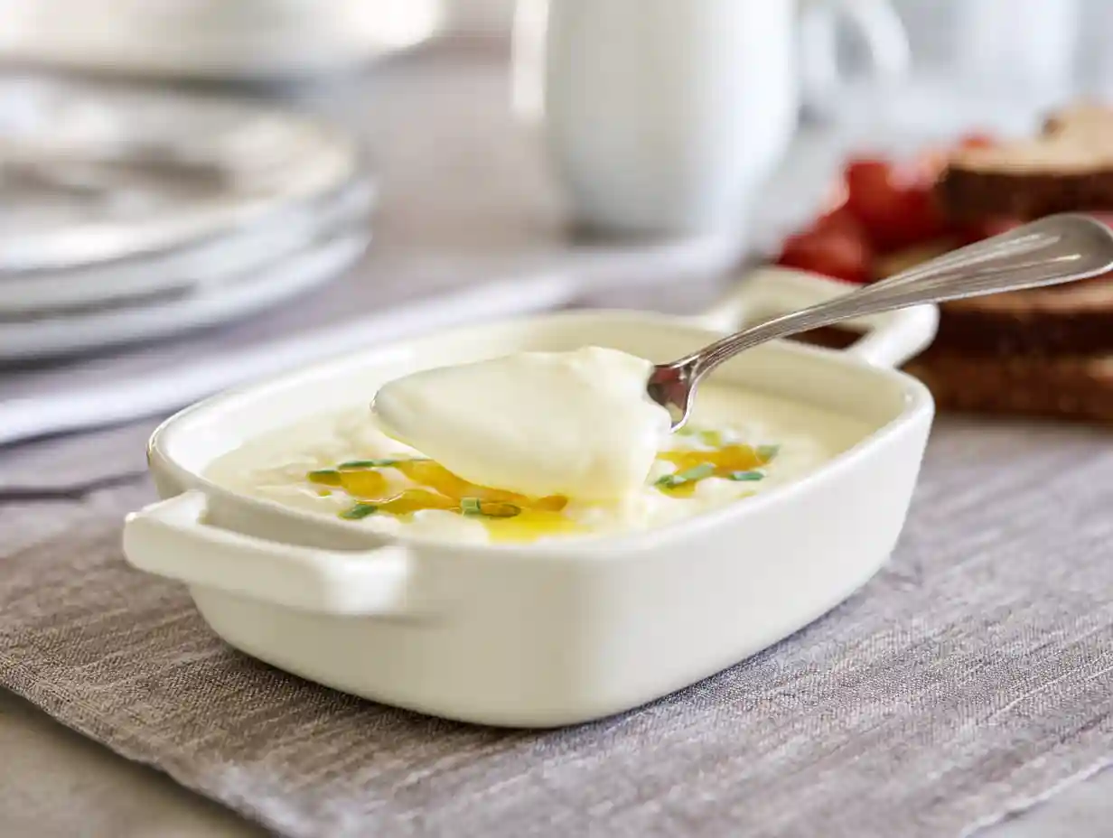 glutenfri bechamelsås i kastrull, slät och krämig vit sås redo till lasagne och gratäng