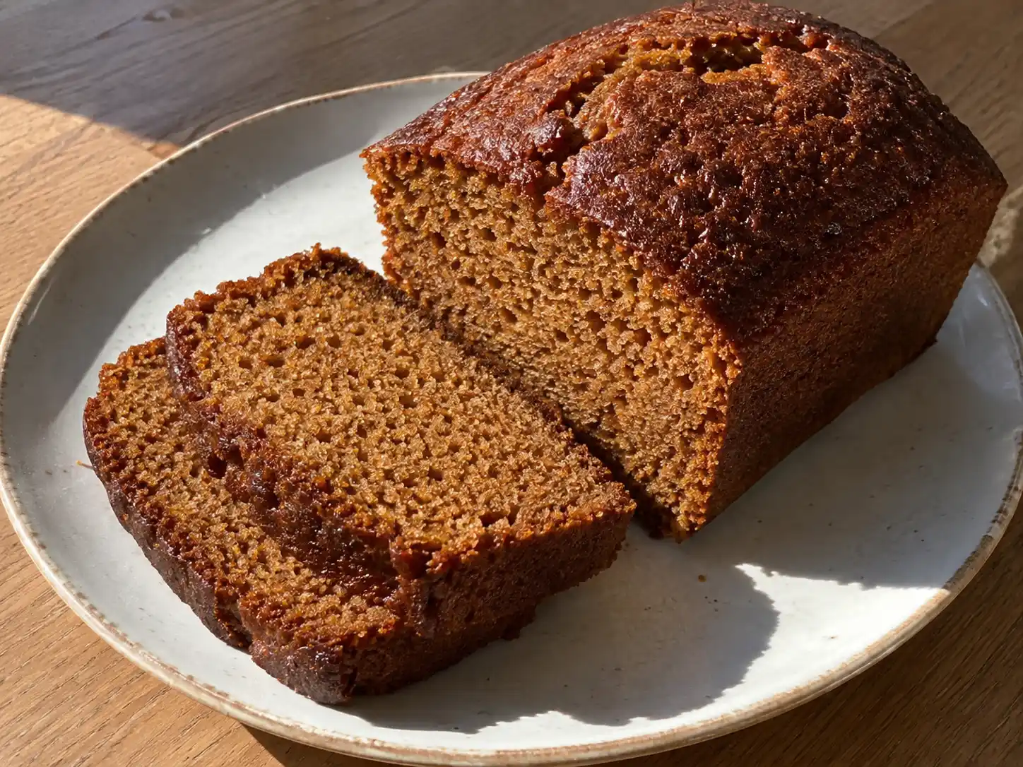 glutenfri mjuk pepparkaka i skivor med mörkt gyllenbrun yta och saftig, kryddig smula på ett enkelt fat