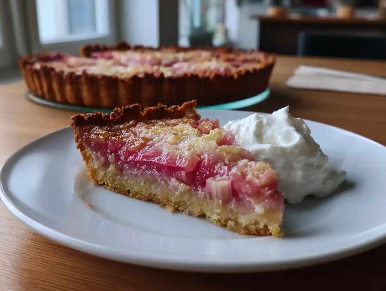 Glutenfri rabarberpaj i form med gyllenbrun mandel- och havresmuledeg, syrlig rosa rabarber under