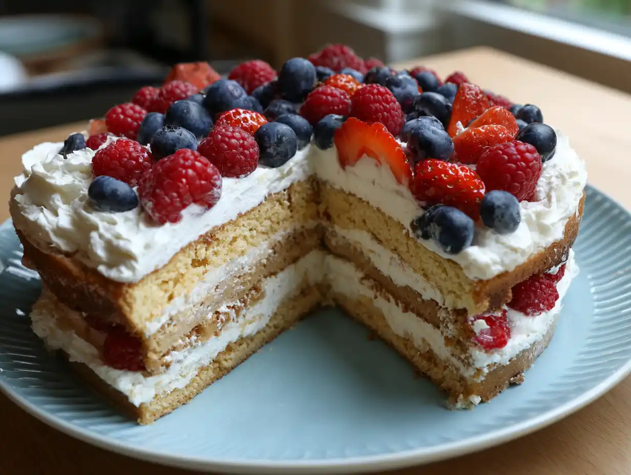 Glutenfri tårta med mandelbotten, grädde och bär, hemlagad tårta utan vetemjöl på träbricka