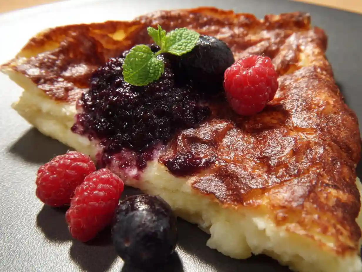 glutenfri ugnspannkaka i ugnsform med gyllene yta och knapriga baconbitar ovanpå.