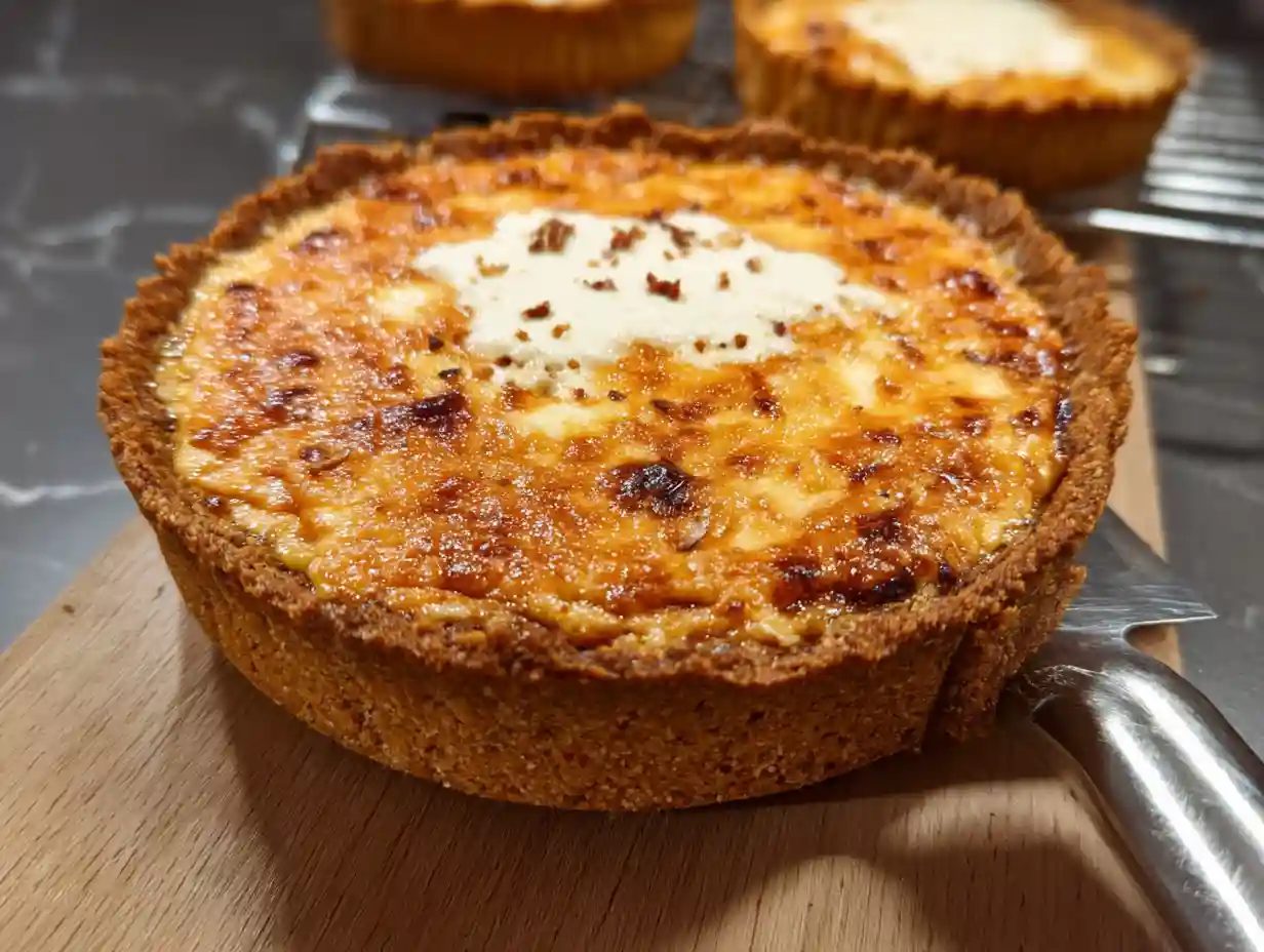 Glutenfri västerbottenpaj på fat med gräddfil, löjrom och hackad gräslök ovanpå, gyllene yta och krämig fyllning.