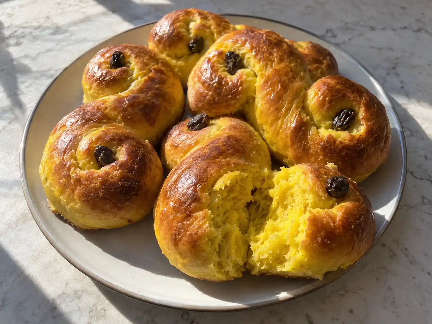 glutenfria lussebullar med gyllene saffransyta, mjuk mitt och russin formade som klassiska lussekatter