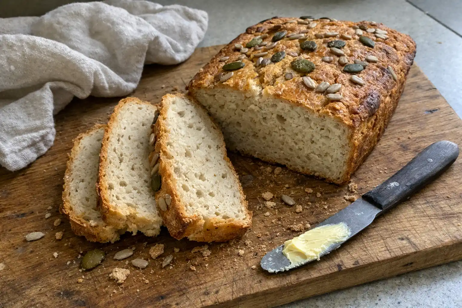 Glutenfritt brod skuret i skivor pa skarbrada med mjuk inkramning och gyllene skorpa.