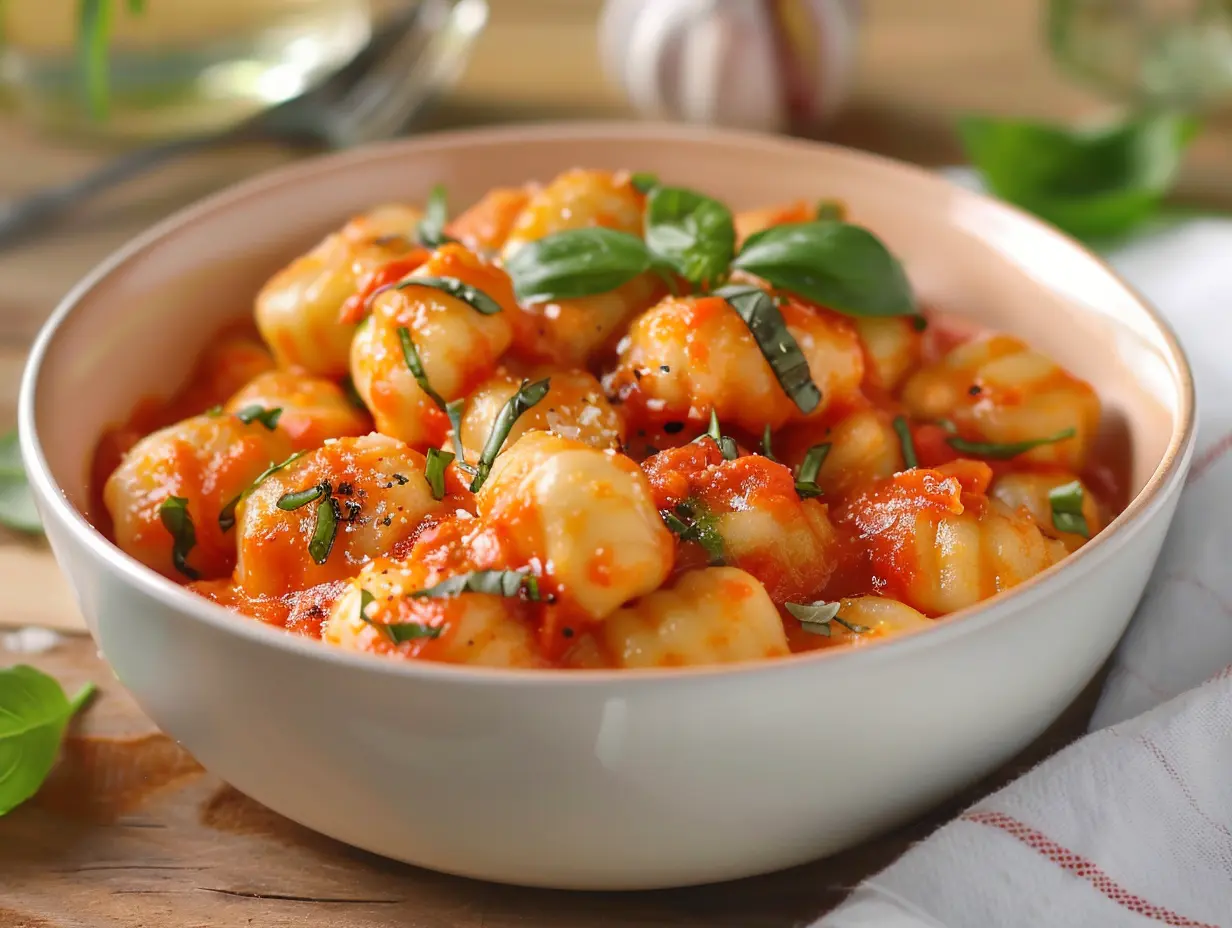 En djup tallrik med rykande varm krämig gnocchi tomatsås toppad med färsk basilika och riven parmesanost.