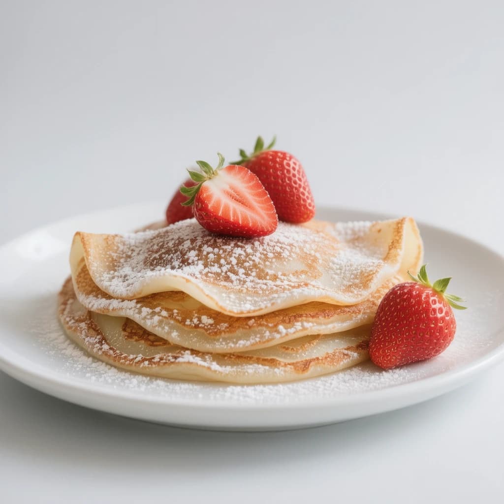 Goda pannkakor med florsocker och jordgubbar