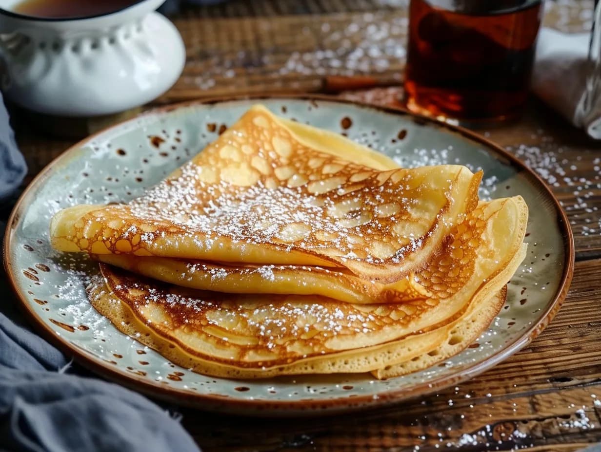 En hög stapel med nystekta goda pannkakor toppade med färska jordgubbar, vispad grädde och pudrat florsocker på ett rustikt träbord.