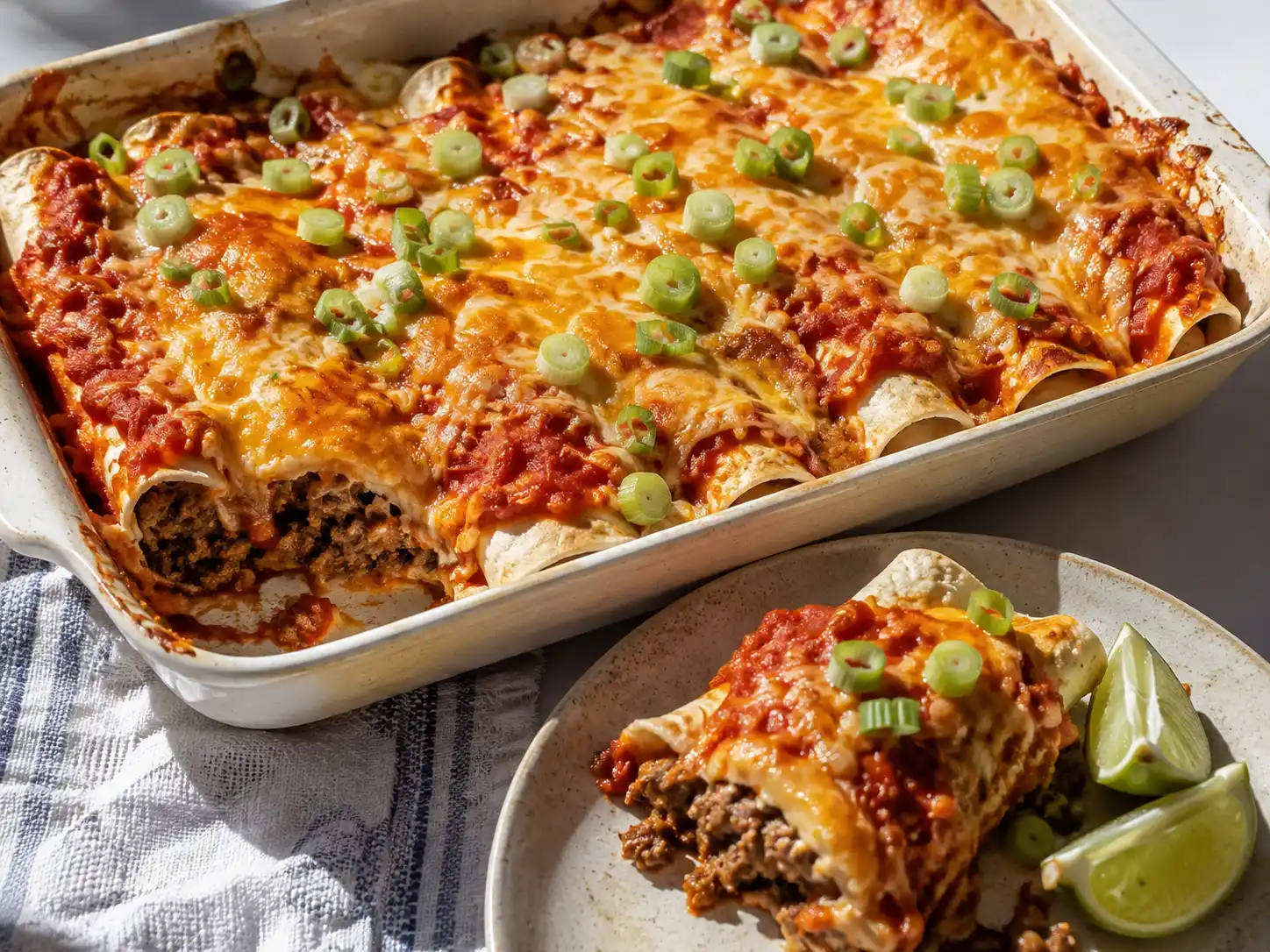 godaste enchiladas köttfärs med kryddig färsfyllning, tomatsalsa och gyllene smält ost i ugnsform