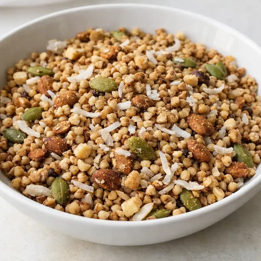 godaste granola recept i glasburk med bovete, nötter och frön på träbord i morgonljus.