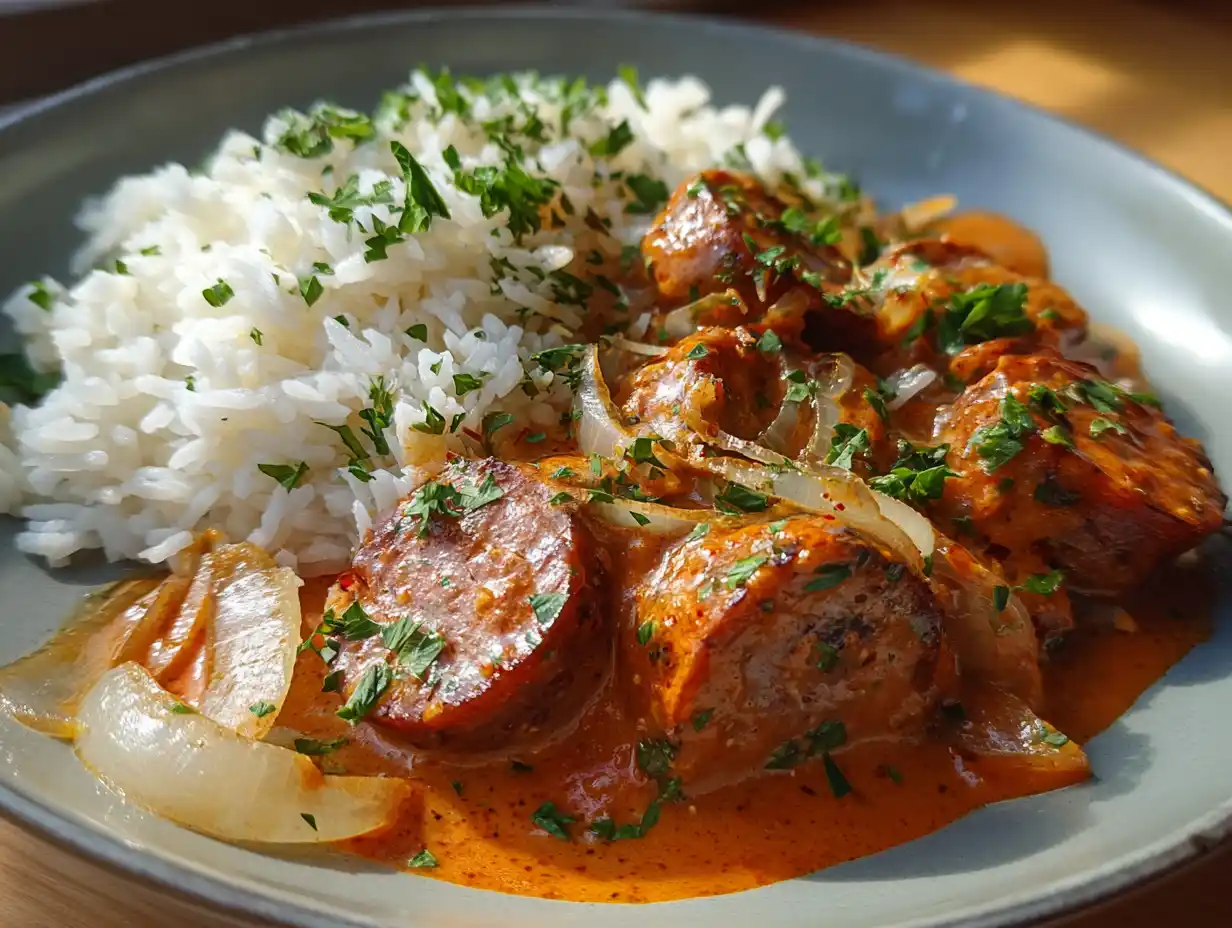godaste korvstroganoffen i djup tallrik med ris, bitar av falukorv, lök och krämig tomatsås i naturligt dagsljus.